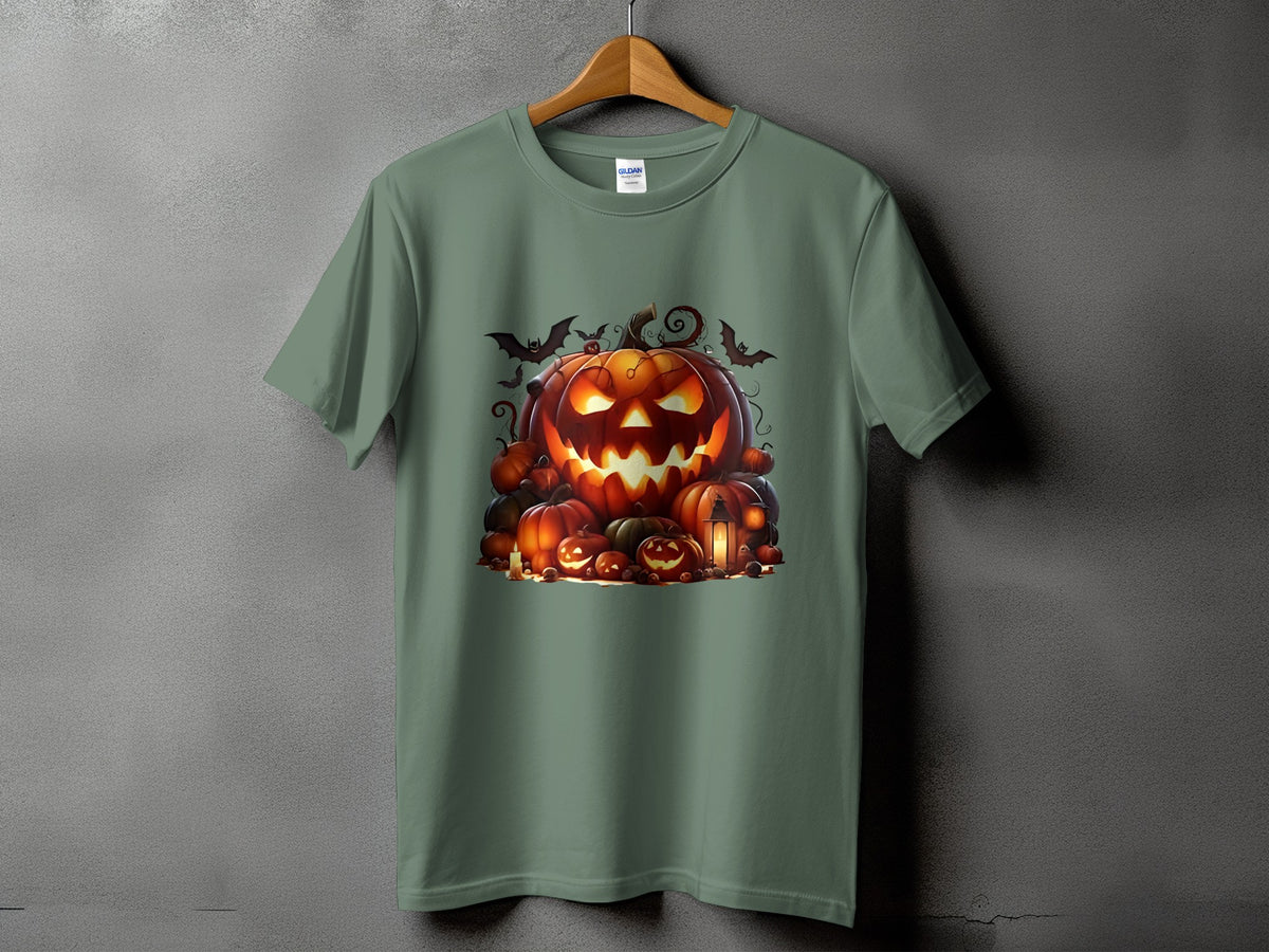 Green t-shirt with a Halloween graphic featuring a carved pumpkin and other pumpkins.