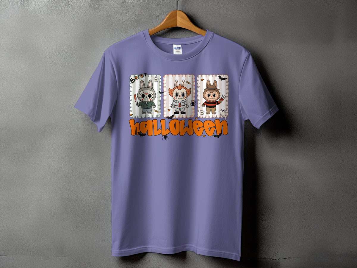 Purple t-shirt with cartoon Halloween characters and text.