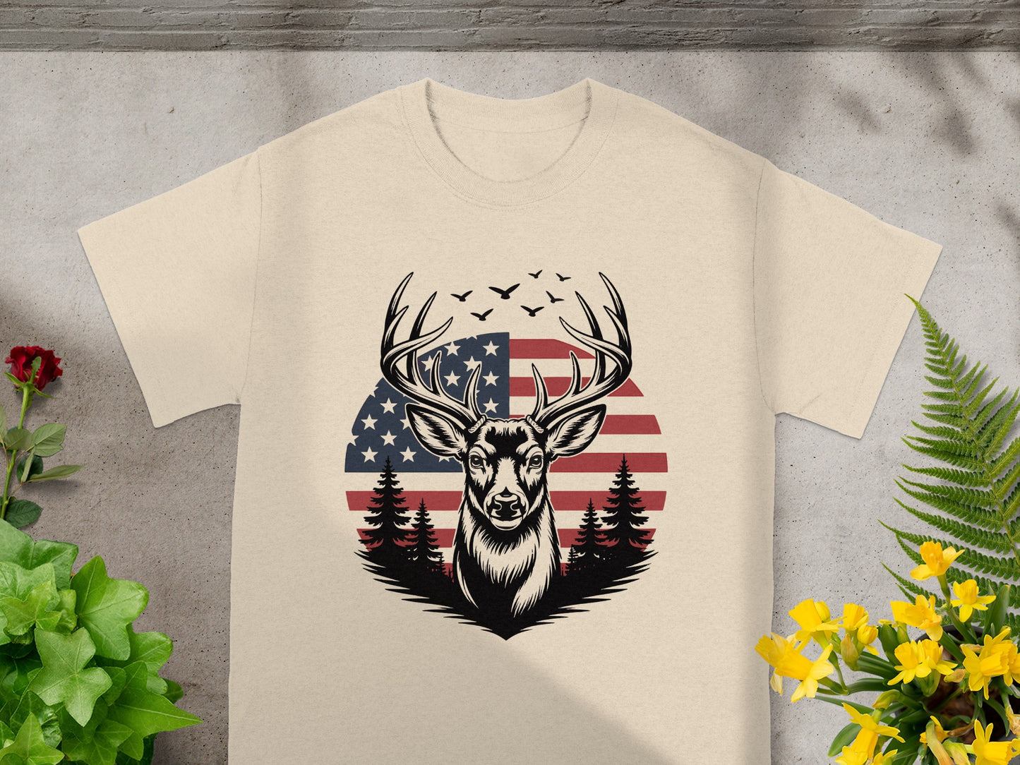 Deer head with antlers in front of American flag and pine trees.
