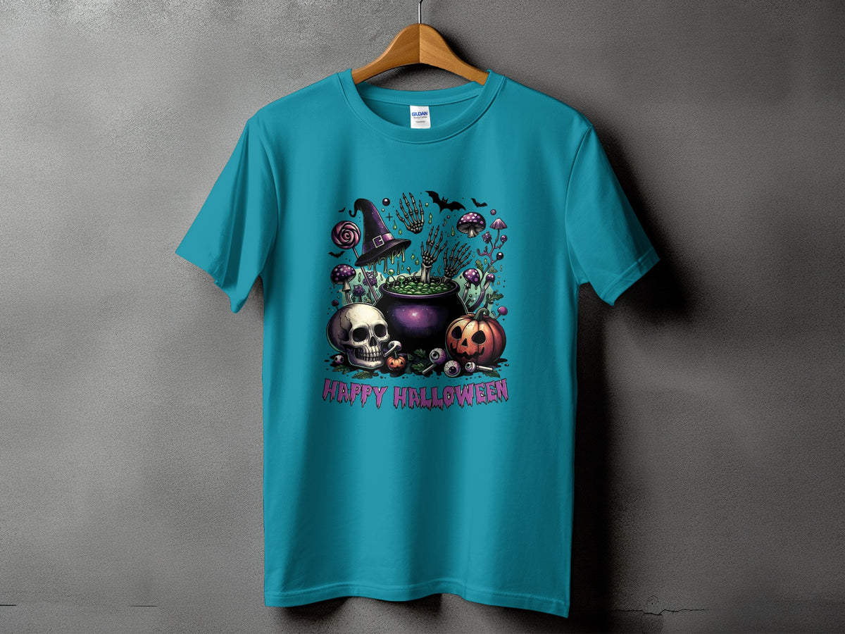 Teal t-shirt with Halloween graphic: skull, pumpkin, cauldron, witch hat, skeleton hands, and text.