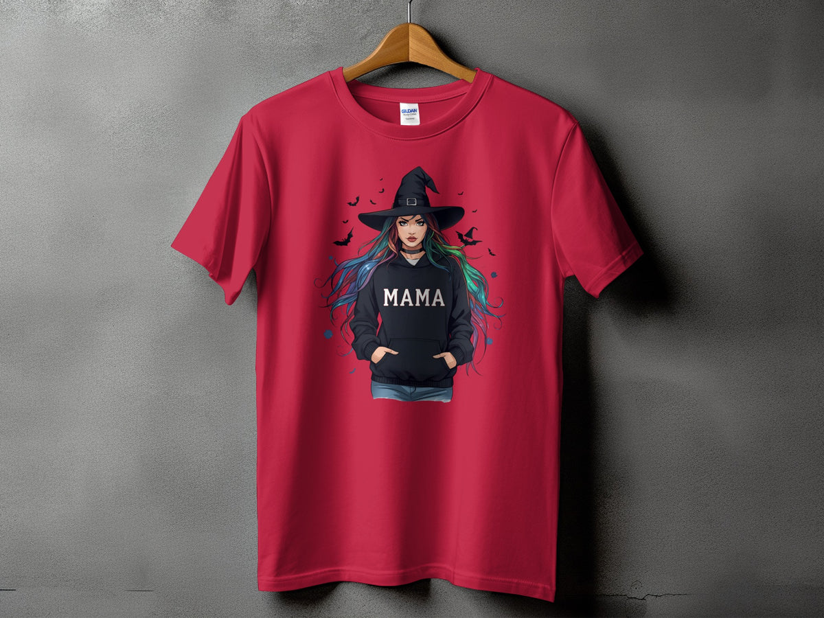 Red t-shirt with a witch graphic wearing a black hoodie with the word "MAMA".