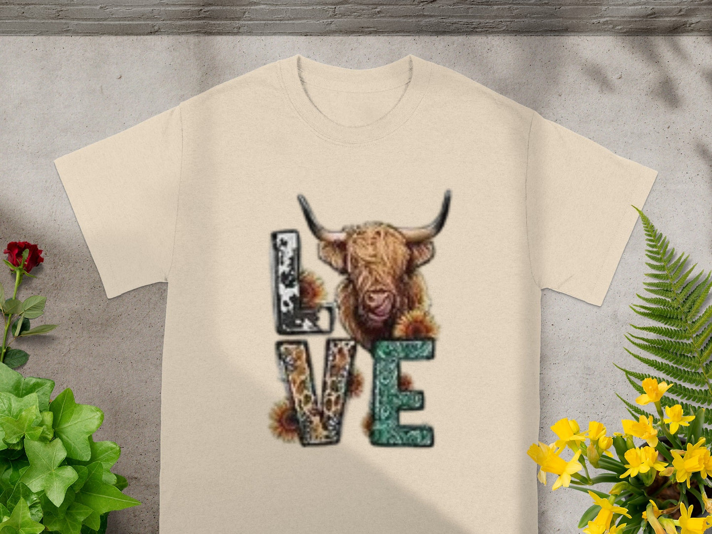 Highland Cow Love Floral Graphic Design T-Shirt