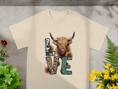 Highland Cow Love Floral Graphic Design T-Shirt