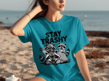 Stay Trashy Raccoon Graphic Print T-Shirt