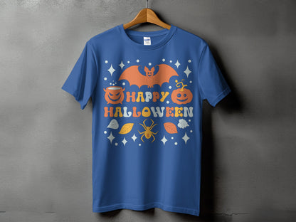 Blue t-shirt with "Happy Halloween" text, bat, pumpkins, spider, and leaves design.