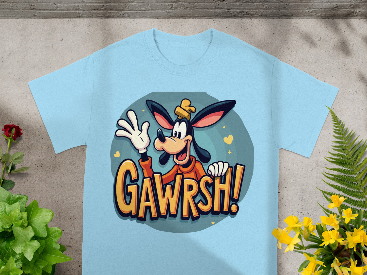 Light blue t-shirt with Goofy character and "GAWRSH!" text.