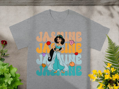 Grey t-shirt with Jasmine cartoon and "JASMINE" text in colorful retro lettering.
