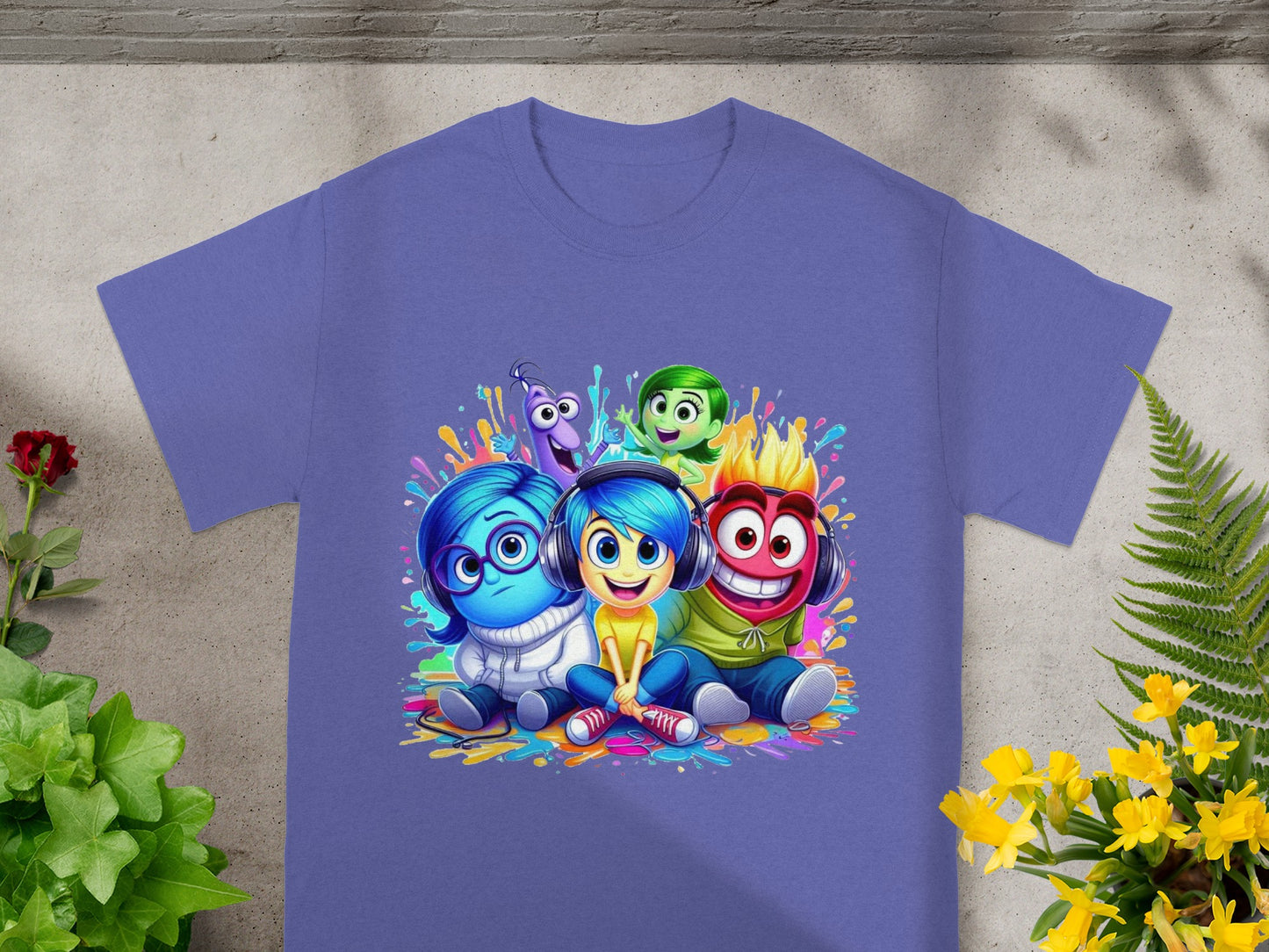 Joy, Sadness, Fear, Disgust, and Anger from Inside Out on a purple t-shirt.