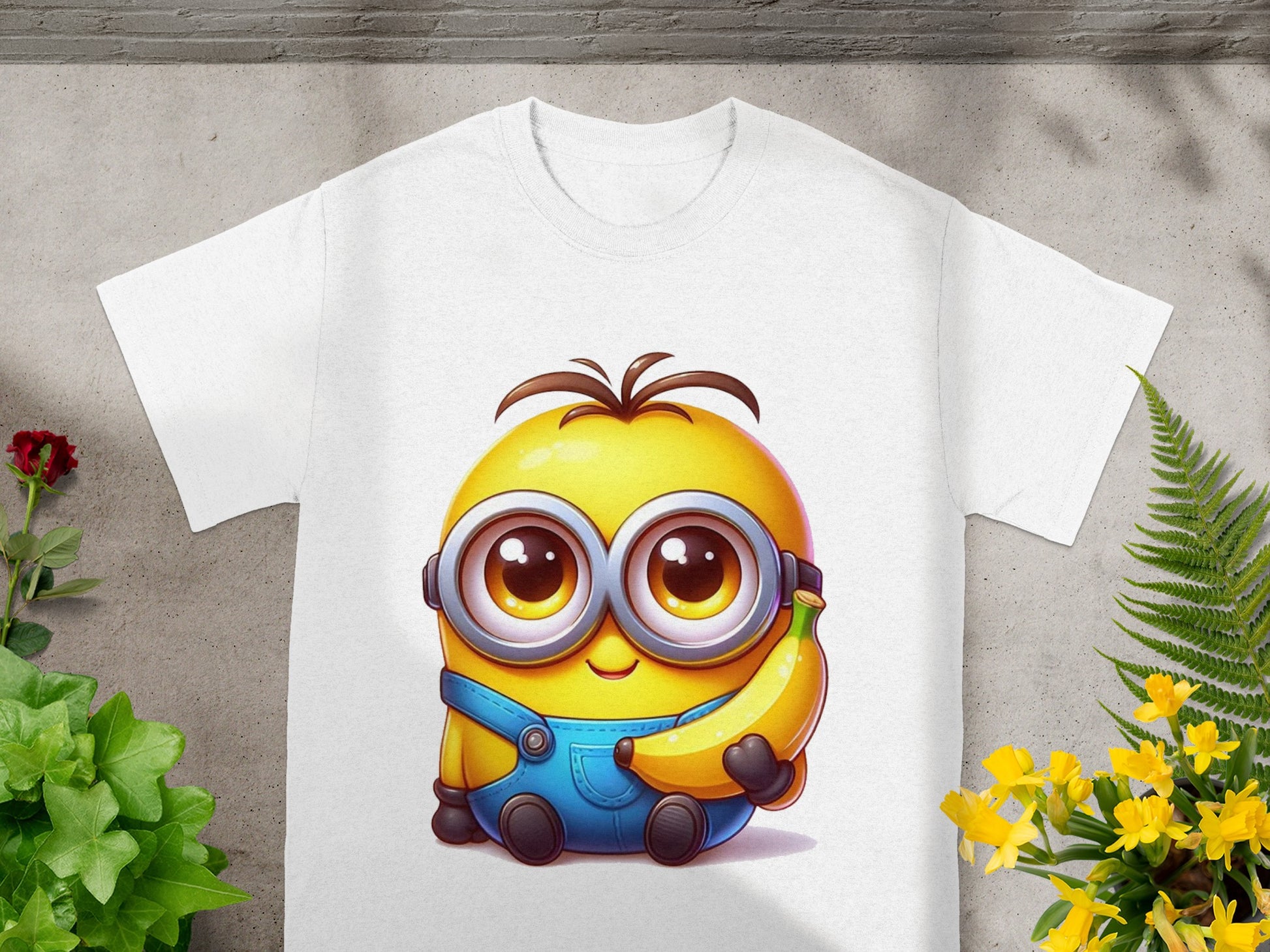 White t-shirt with a cartoon minion holding a banana.