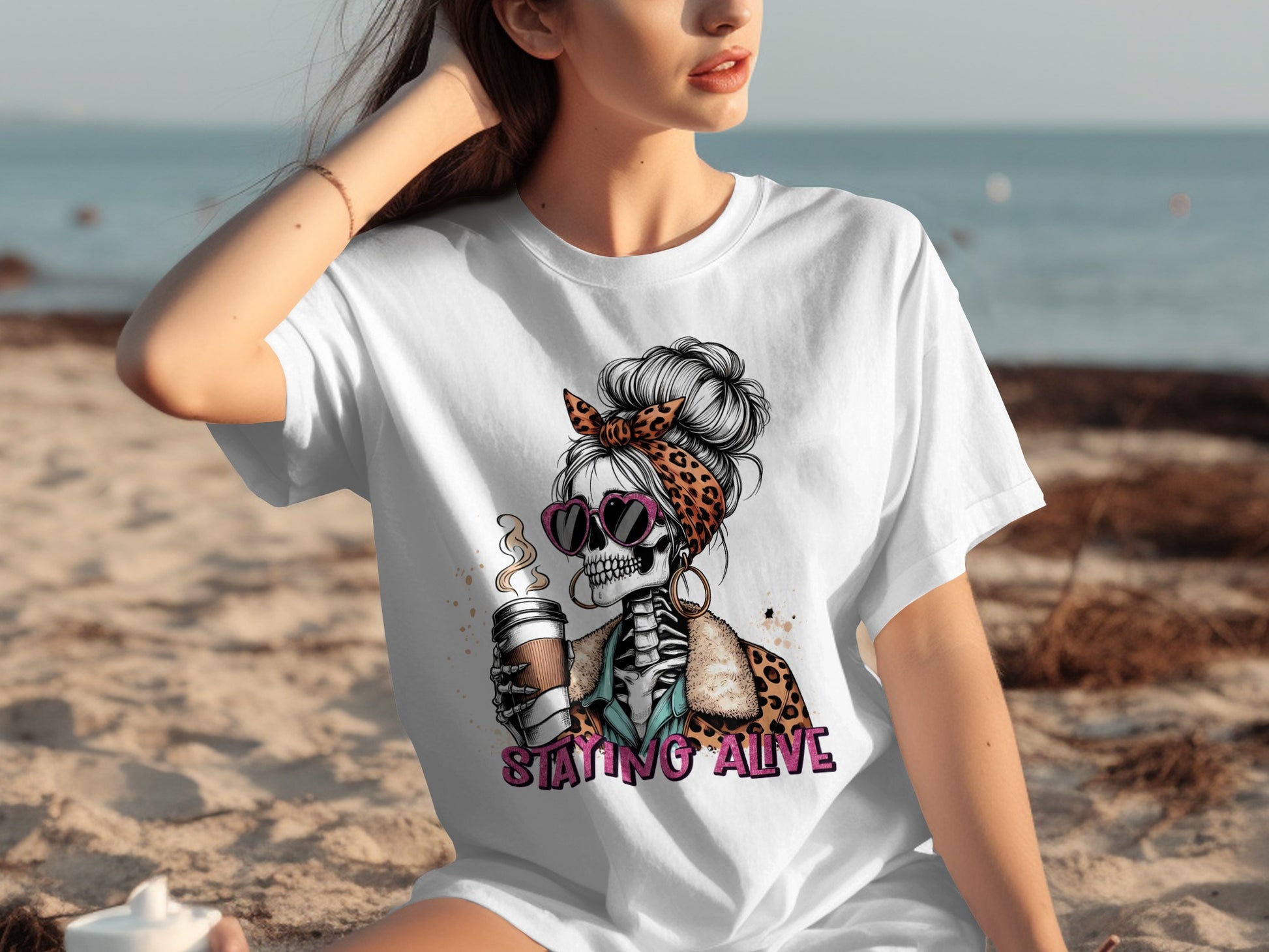Staying Alive Skull With Coffee Art T-shirt
