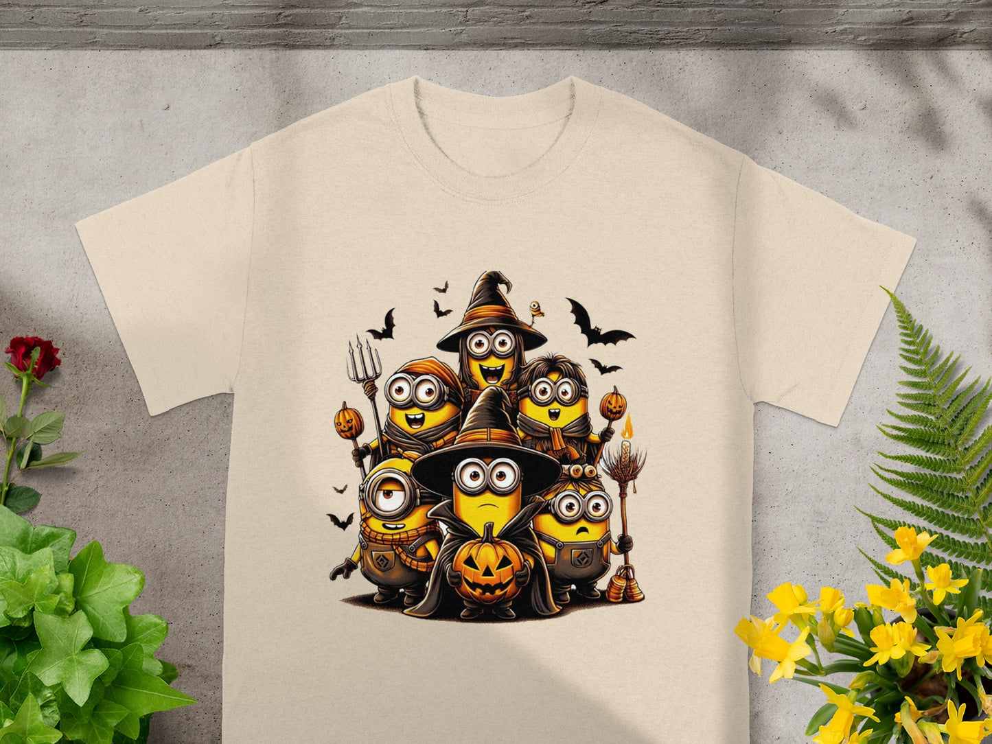 Minions dressed for Halloween with pumpkins, bats, hats, and brooms.