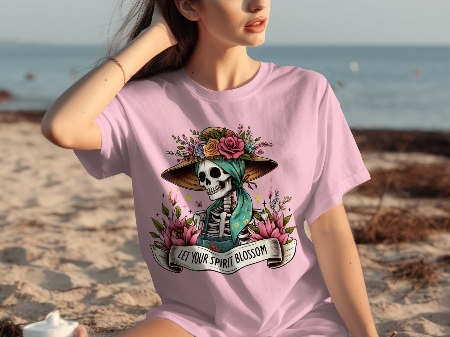 Let Your Spirit Blossom Skeleton Floral Graphic Shirt