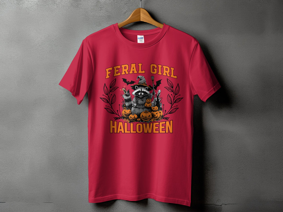 Red t-shirt with raccoon, pumpkins, bats, and text "FERAL GIRL HALLOWEEN".
