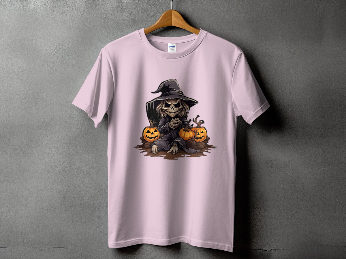 Grim reaper skeleton with witch hat and pumpkins graphic on a pink t-shirt.