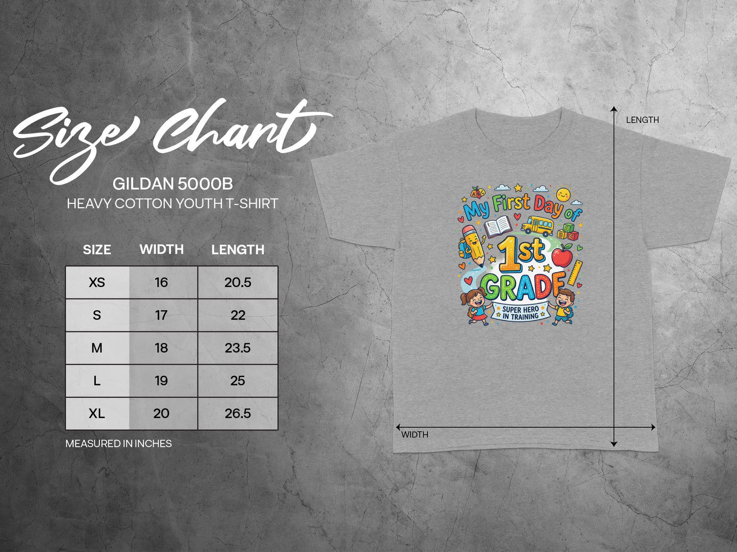 Gildan 5000B youth t-shirt size chart with width and length measurements.