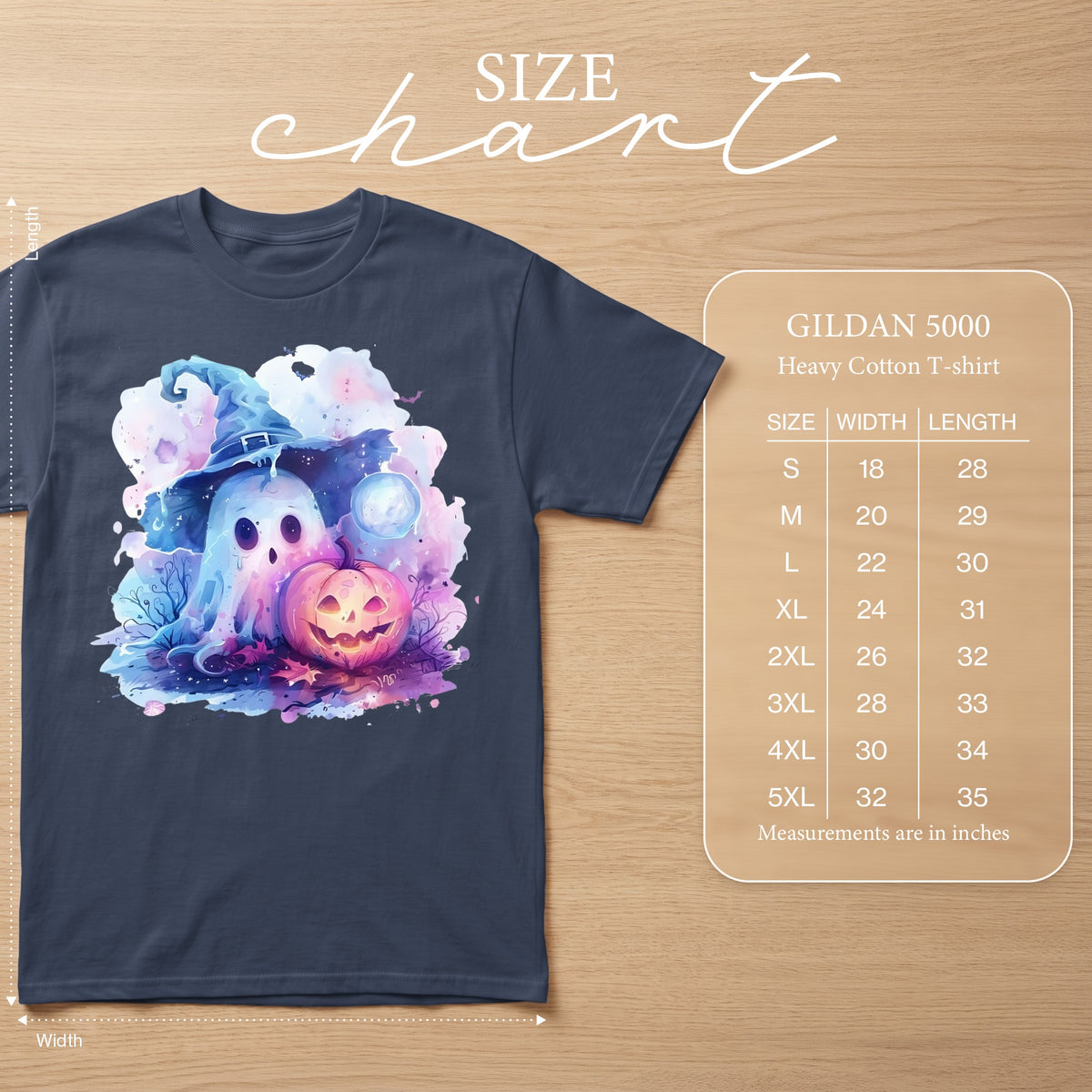 Gildan 5000 size chart for heavy cotton t-shirts with measurements in inches.