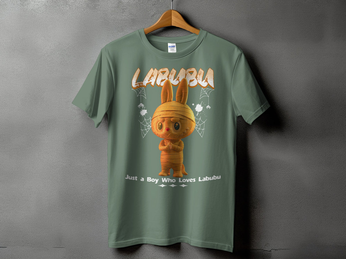 Green t-shirt with Labubu mummy character and "Just a Boy Who Loves Labubu" text.