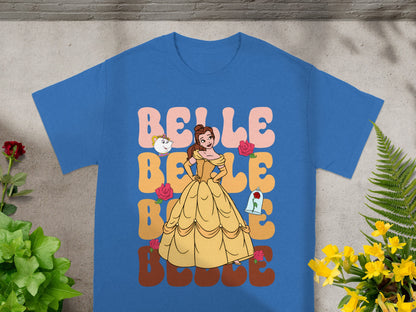 Belle from Beauty and the Beast on a blue t-shirt with "Belle" text.