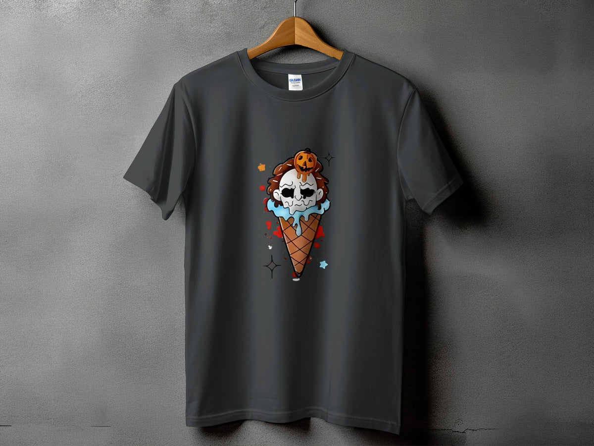 Dark gray t-shirt with a Halloween ice cream cone graphic.