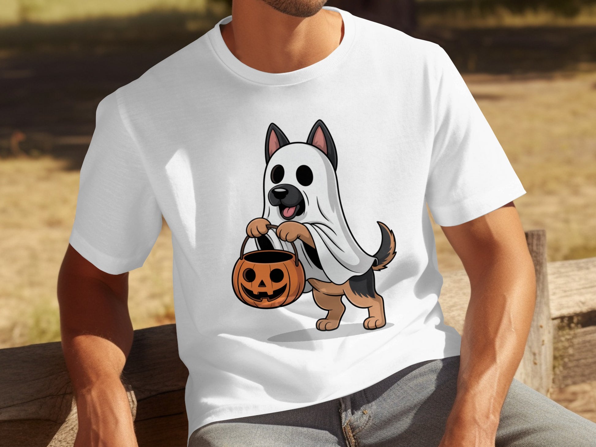 Halloween Ghost Dog with Pumpkin Basket T-Shirt