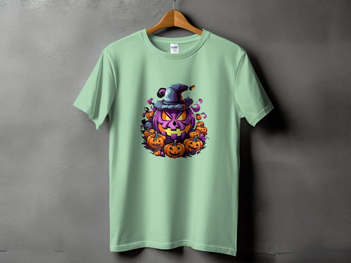 Green t-shirt with a large purple jack-o'-lantern and surrounding pumpkins design.