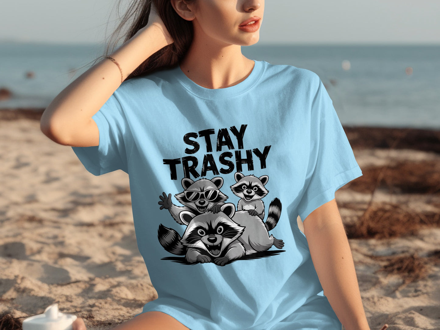 Stay Trashy Cute Funny Raccoon Beach Graphic Tee