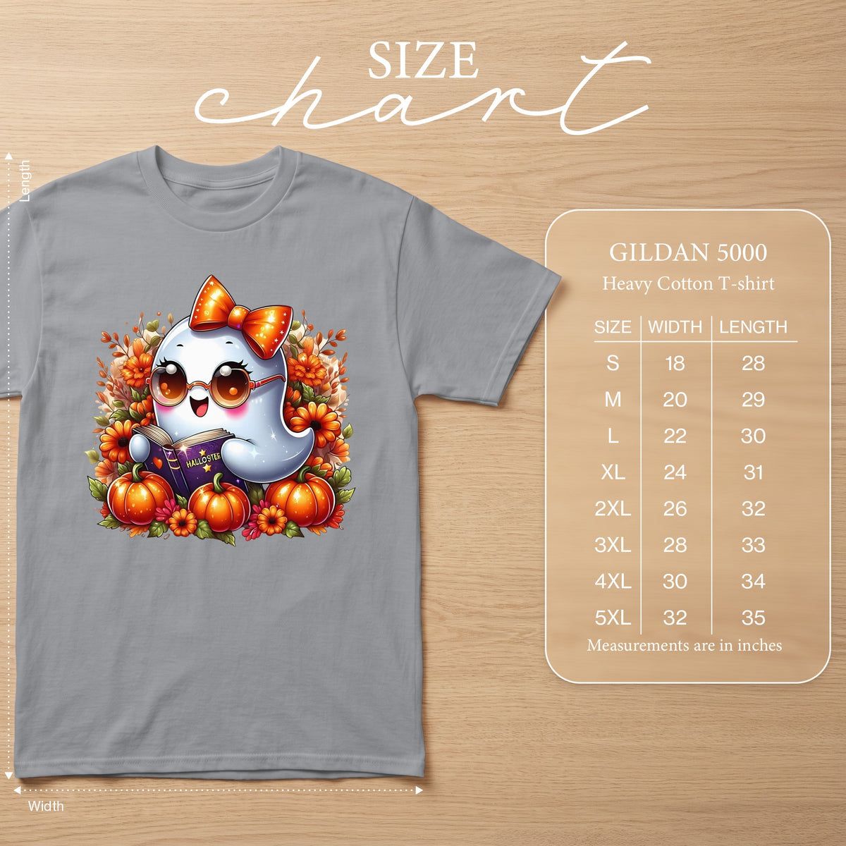 Gildan 5000 size chart with ghost graphic on gray t-shirt.