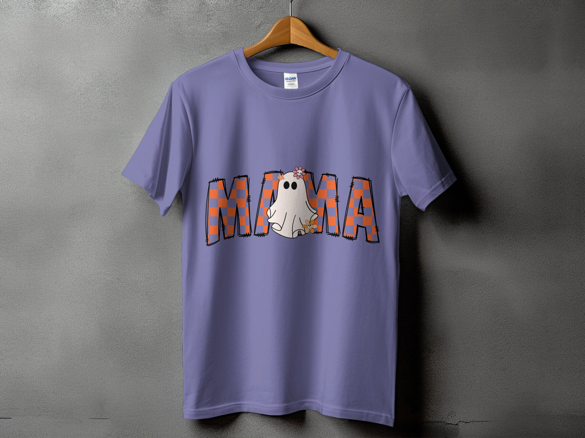Purple t-shirt with "MAMA" text and a ghost wearing a flower.