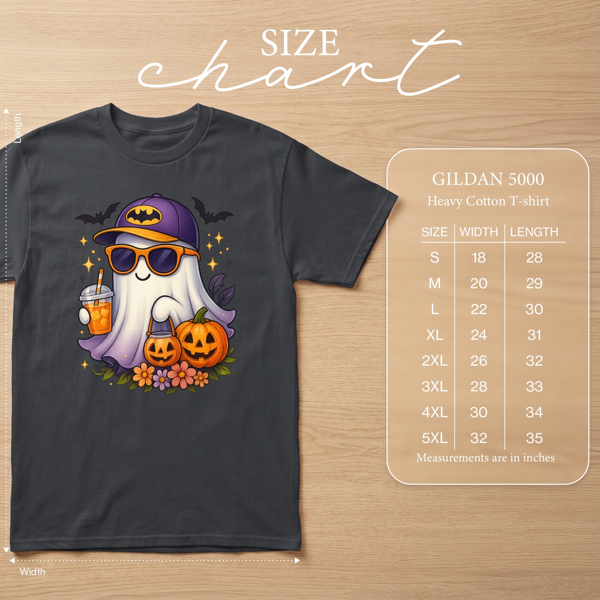 Gildan 5000 heavy cotton t-shirt size chart with measurements in inches.