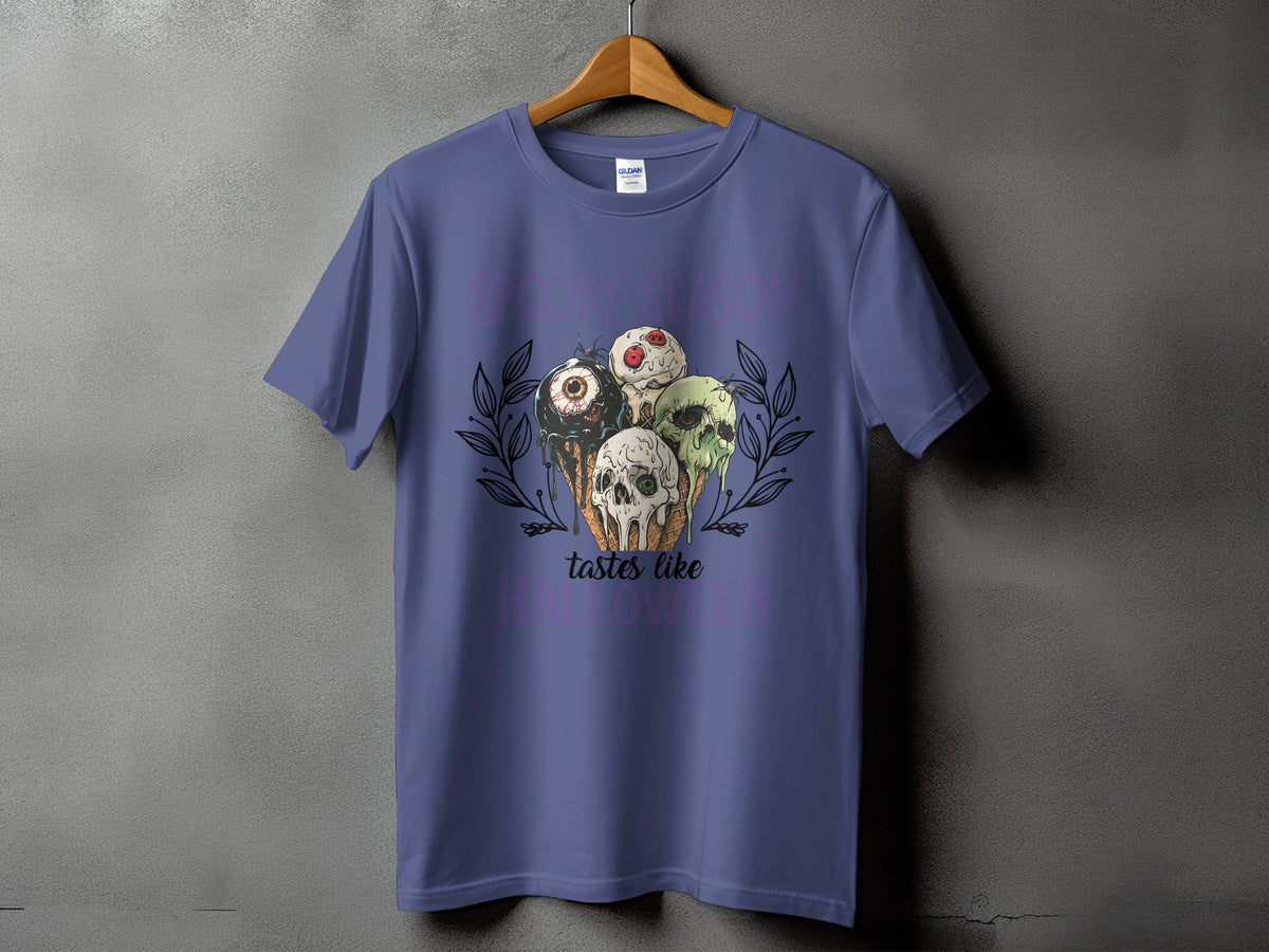 Purple t-shirt with Halloween ice cream cones featuring a skull, eye, and spiders.