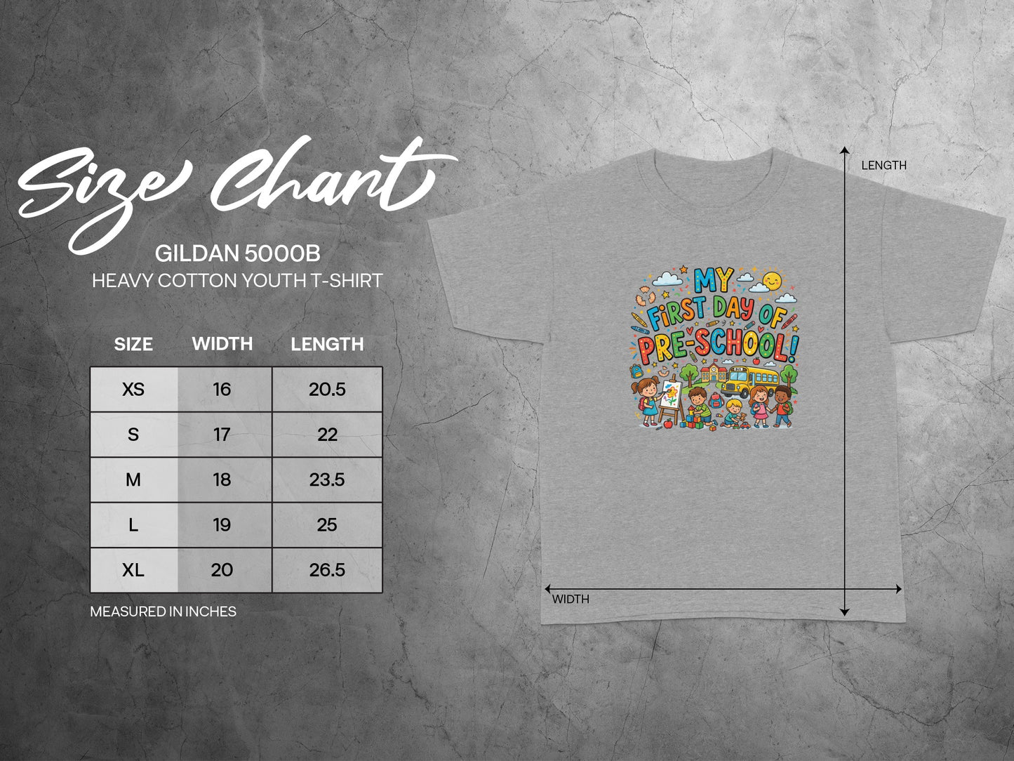 Gildan 5000B youth t-shirt with "My First Day of Pre-School" graphic and size chart.