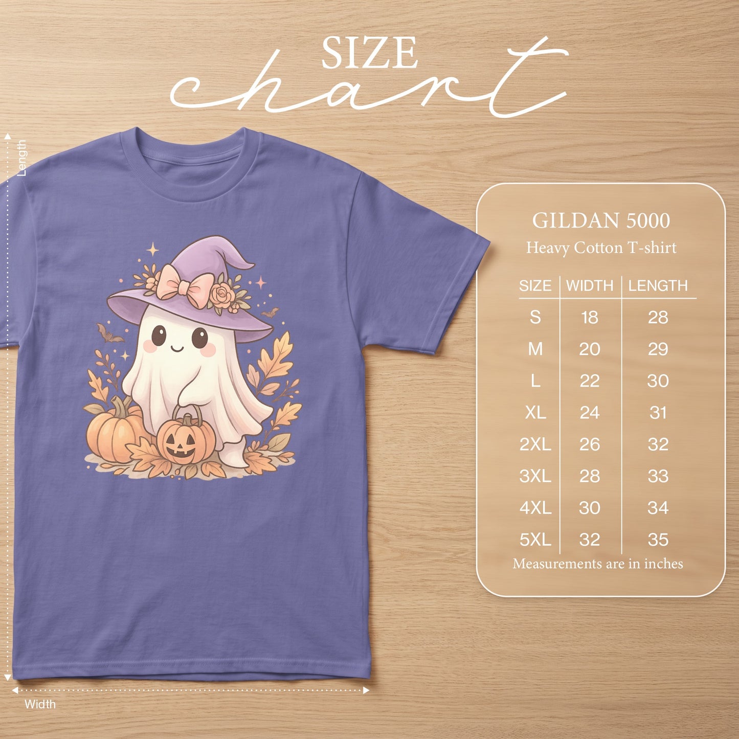 Purple t-shirt with cute ghost and pumpkins graphic, Gildan 5000 size chart.