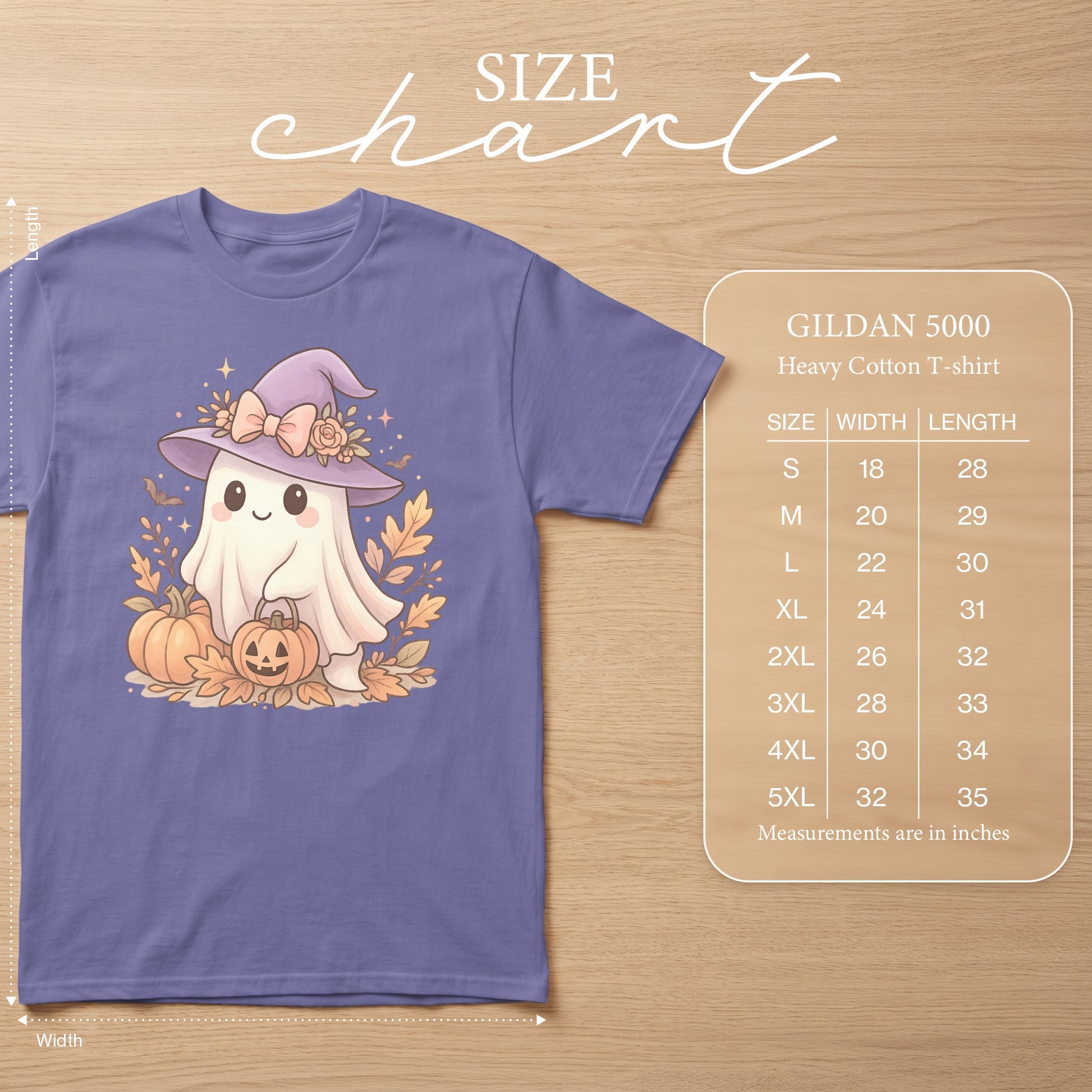 Purple t-shirt with cute ghost and pumpkins graphic, Gildan 5000 size chart.