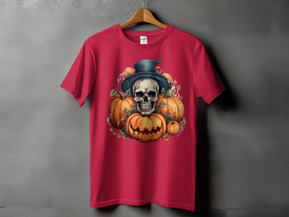 Red t-shirt with skull, pumpkins, and witch hat Halloween graphic.