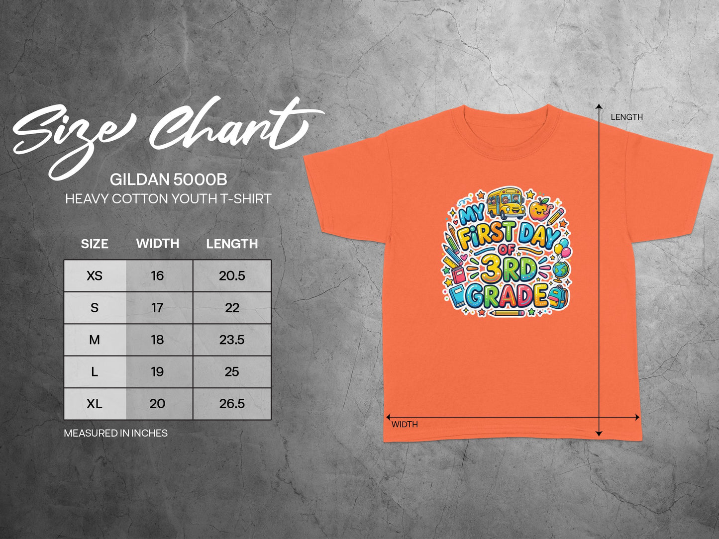 Orange youth t-shirt with "My First Day of 3rd Grade" graphic and size chart.