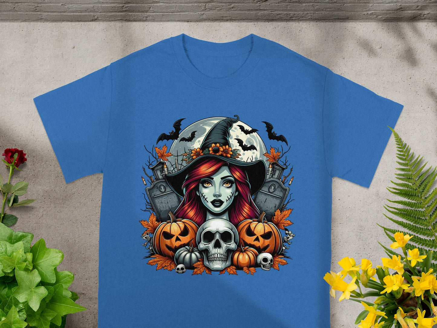 Halloween graphic with witch, pumpkins, skull, tombstones, bats, and full moon.