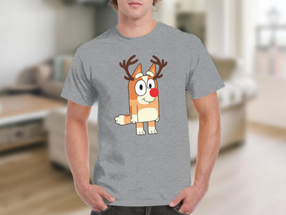 Funny Cartoon Reindeer Character On Grey T-shirt