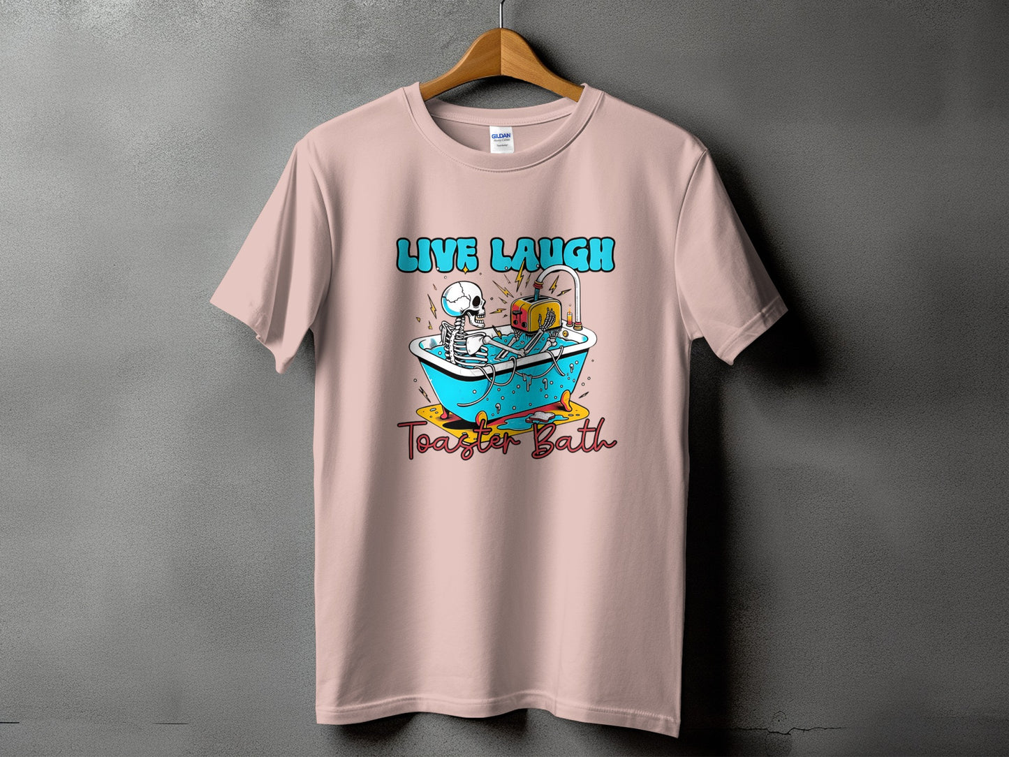 Skeleton in a bathtub with a toaster and text "Live Laugh Toaster Bath".