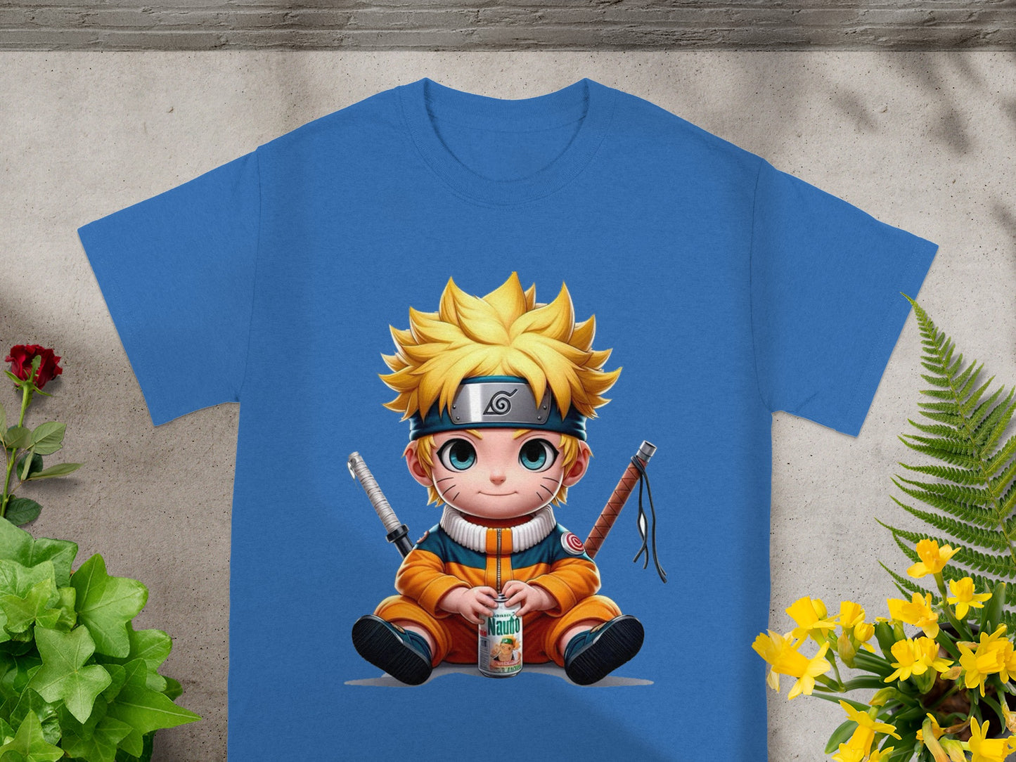 Naruto character sitting, holding a drink, wearing a blue t-shirt.