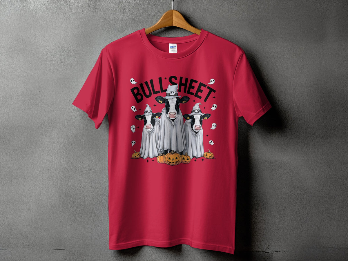 Three cows wearing ghost costumes and witch hats with "BULL SHEET" text.