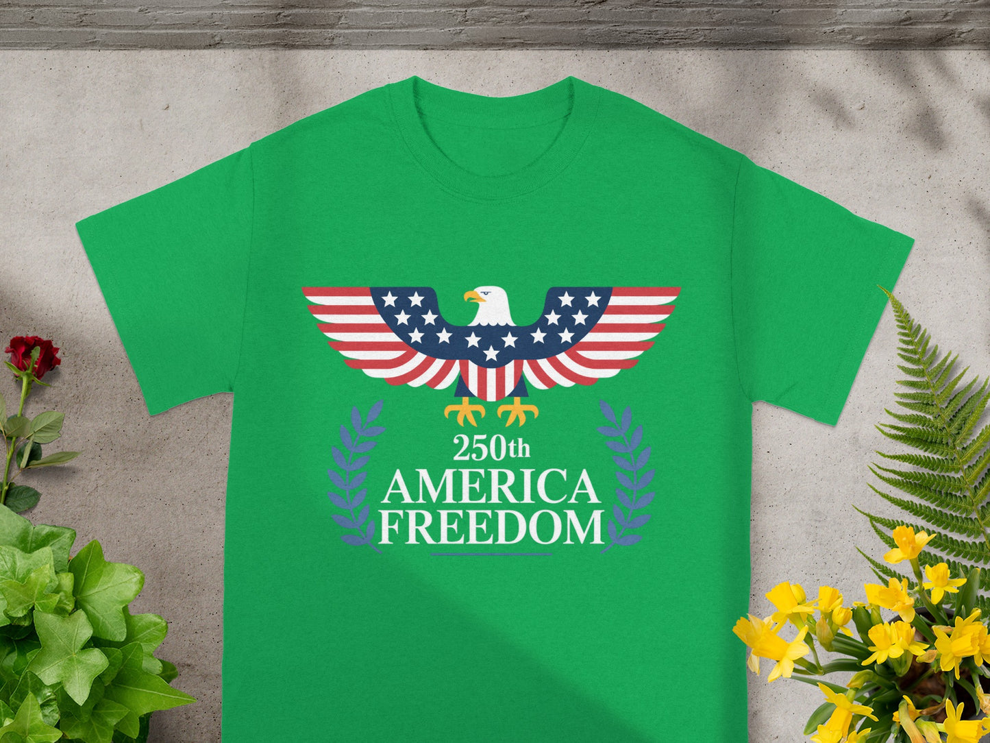 Green t-shirt with eagle and "250th America Freedom" text.