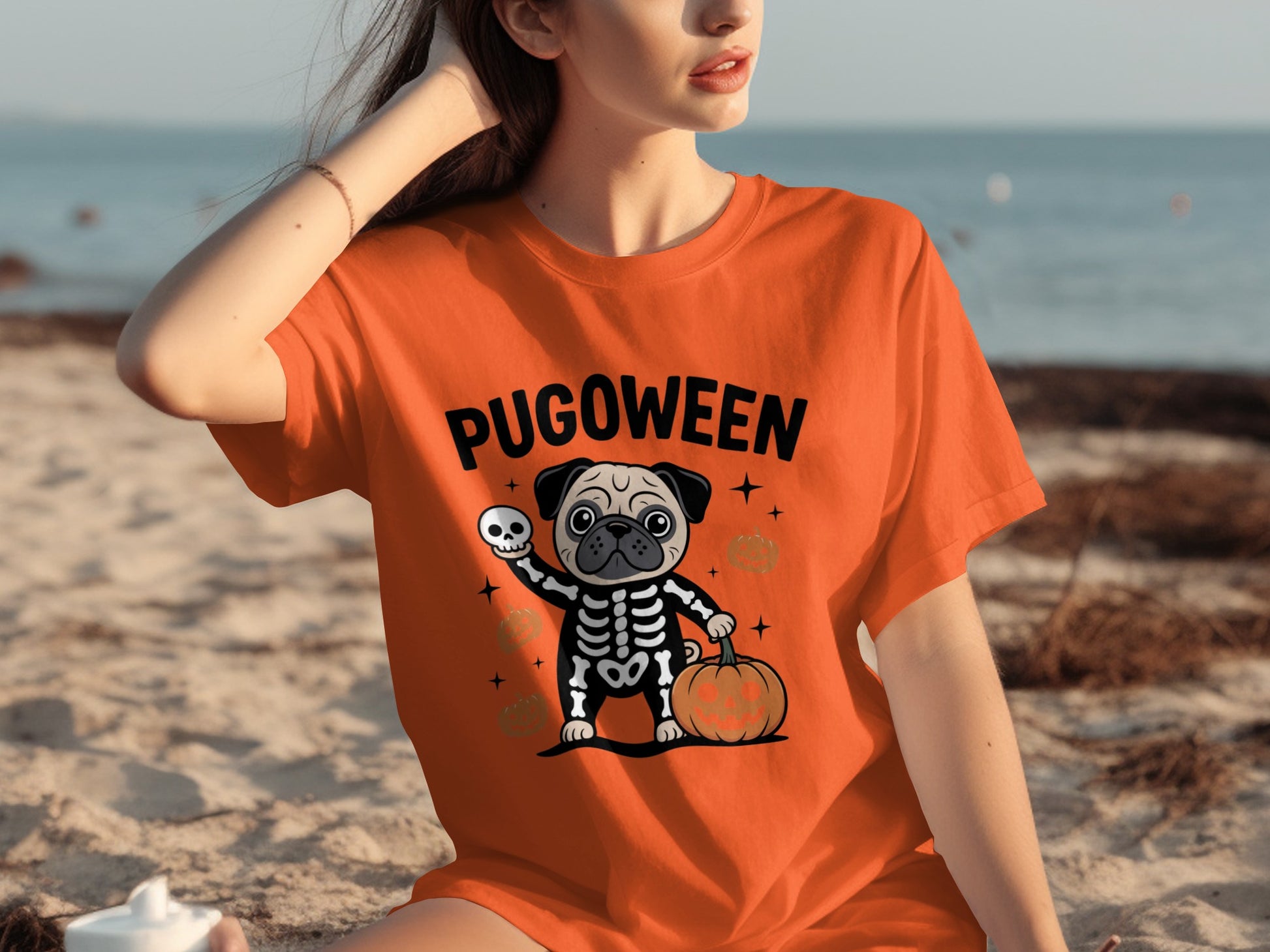 Pugoween Skeleton Pug With Pumpkin Halloween T-shirt