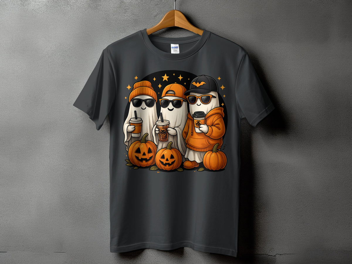 Three cartoon ghosts in sunglasses and hats hold coffee cups near pumpkins.
