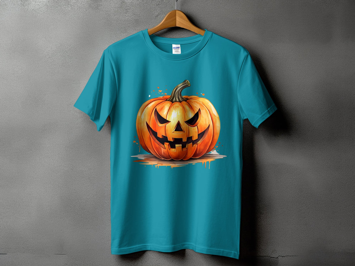 Teal t-shirt featuring a carved, glowing jack-o'-lantern with splatter effects.