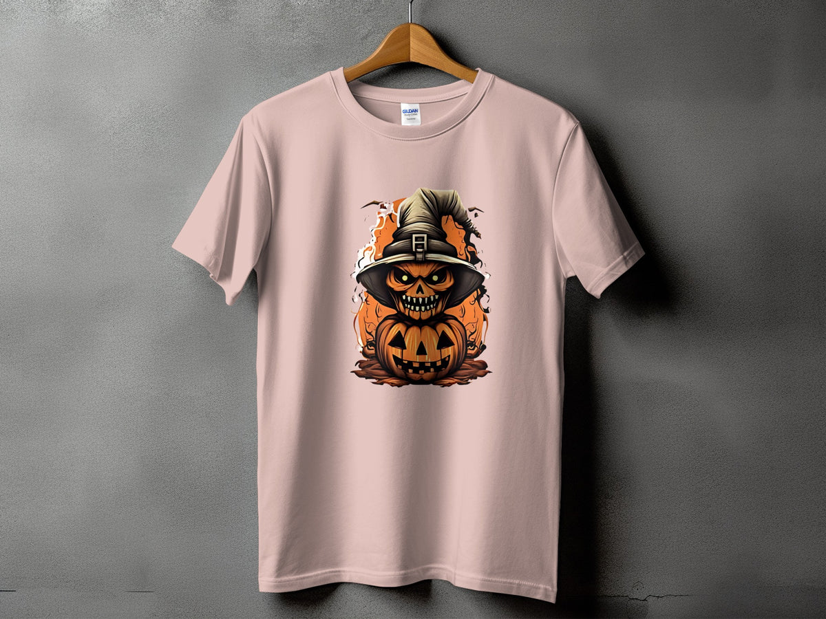 Pink t-shirt with a spooky jack-o'-lantern wearing a witch hat graphic.