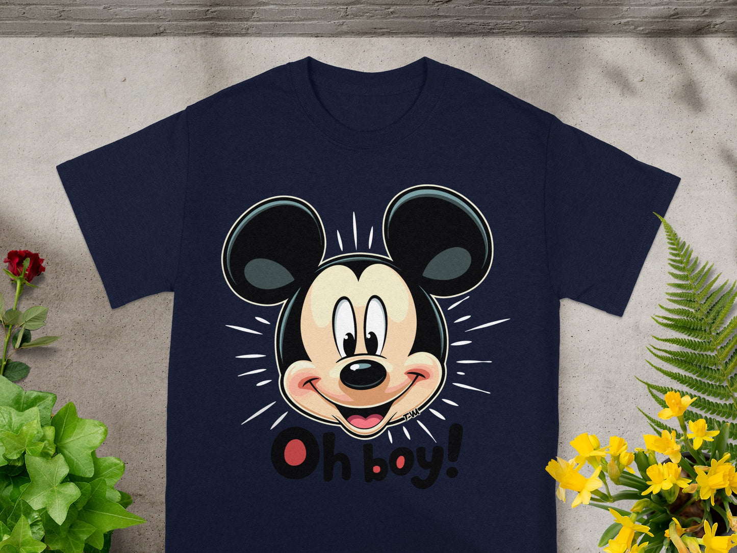 Navy t-shirt with Mickey Mouse head graphic and "Oh boy!" text.