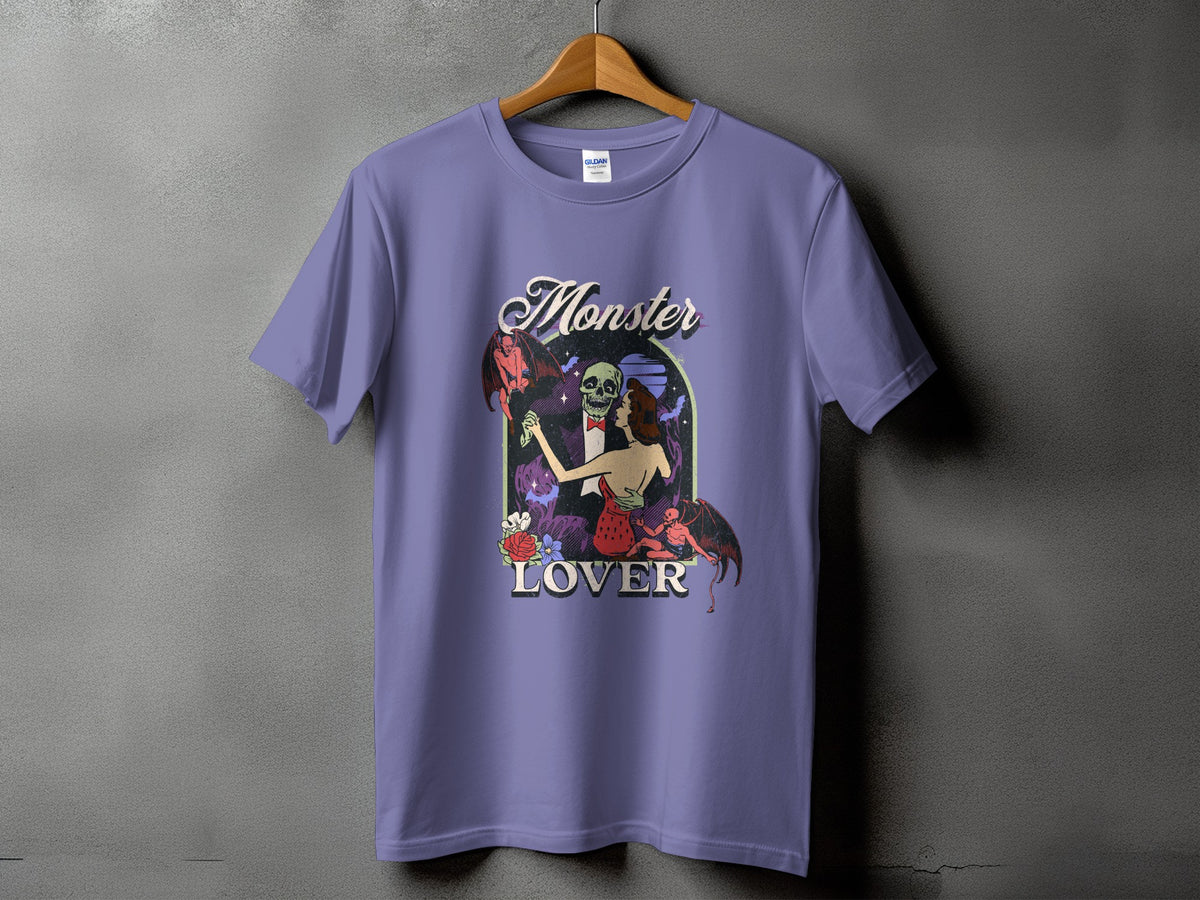 Lavender t-shirt with "Monster Lover" text and a dancing skeleton couple with bats.