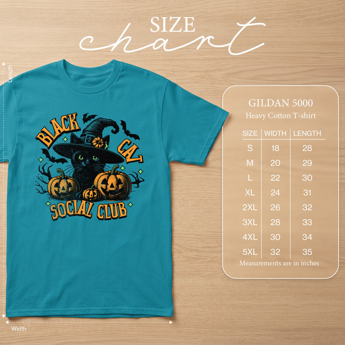 Teal t-shirt with "Black Cat Social Club" Halloween graphic and Gildan size chart.