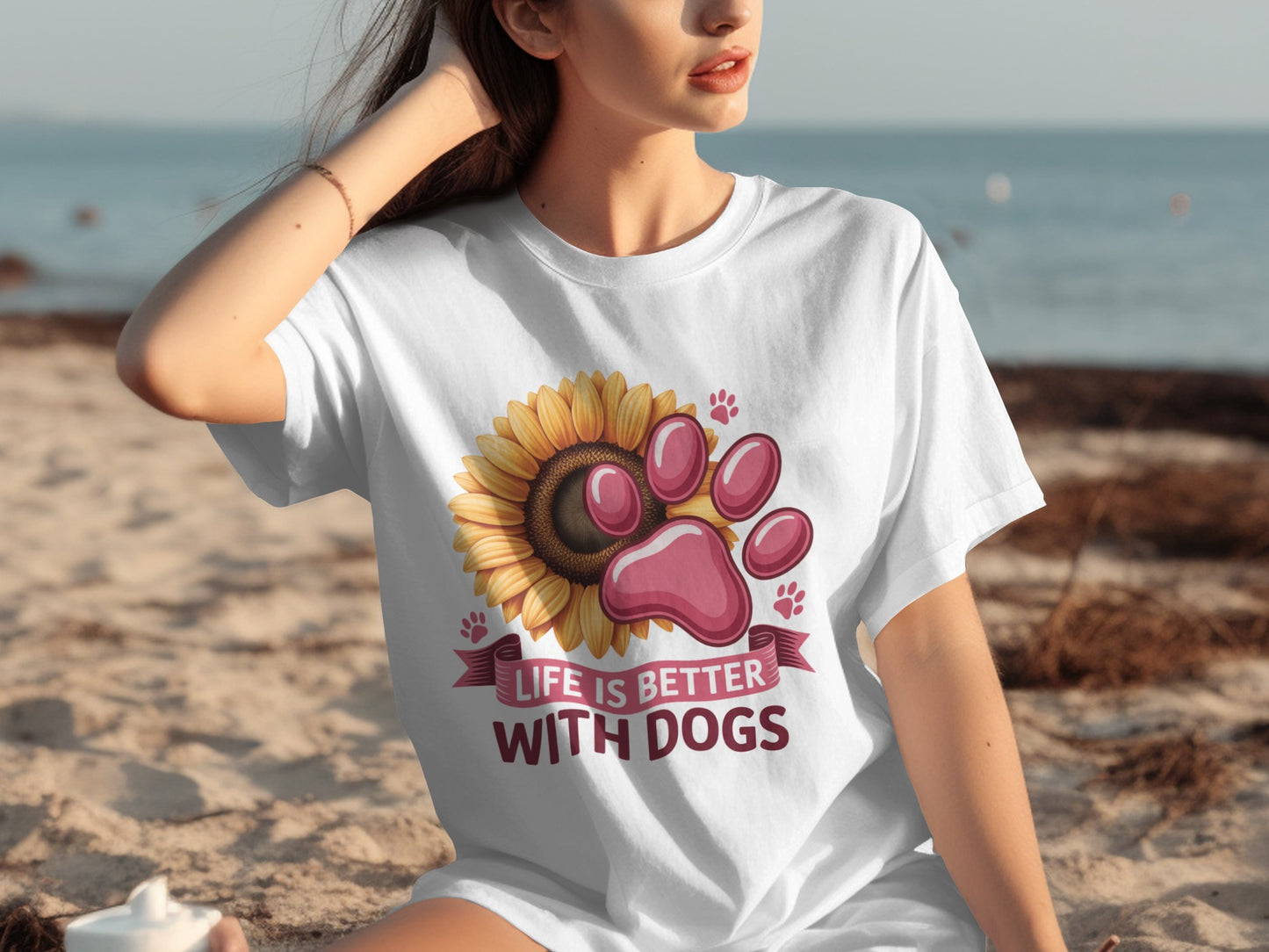 Life Is Better With Dogs Sunflower And Paw Print T-Shirts
