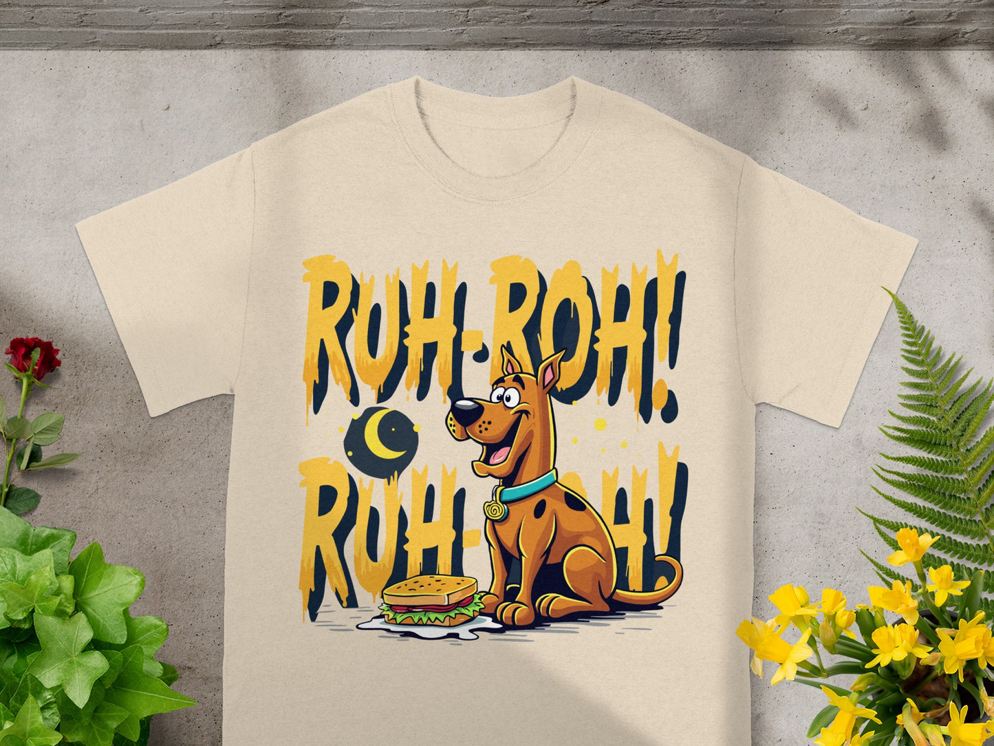 Scooby-Doo sitting next to a sandwich with "Ruh-Roh!" text.